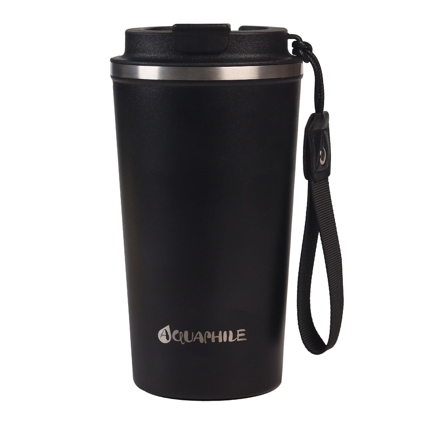 Aquaphile Thermo Coffee Mug-to-go with Strap 17oz, Reusable Travel Mug with Insulation, Leak Proof Stainless Steel Thermal Cup for Hot and Cold Drinks