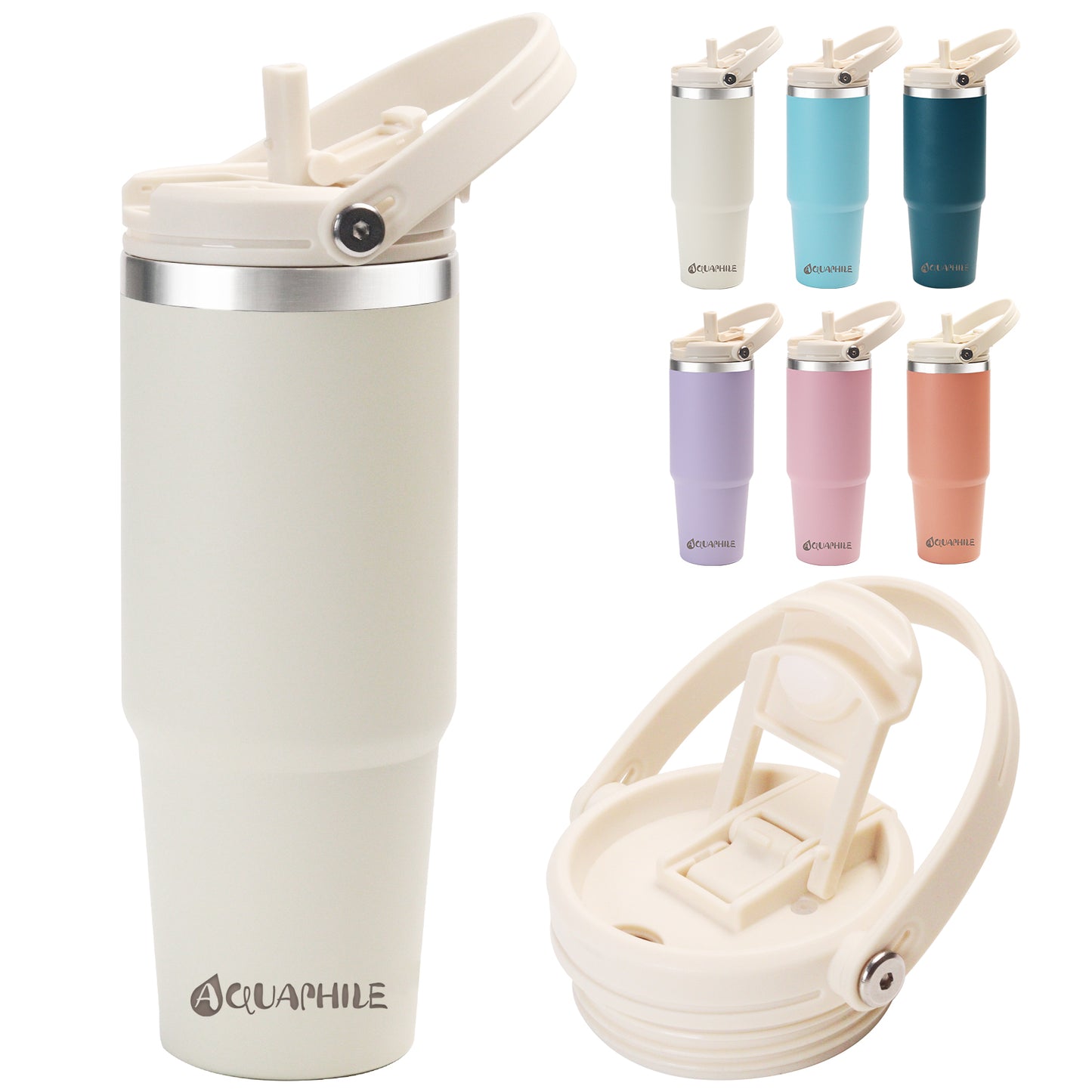 AQUAPHILE 20/30 oz Insulated Water Bottles with Straw Lid, Double Walled Vacuum Stainless Steel Travel Tumbler with Handle and Straw, Wide Mouth Thermos Bottle