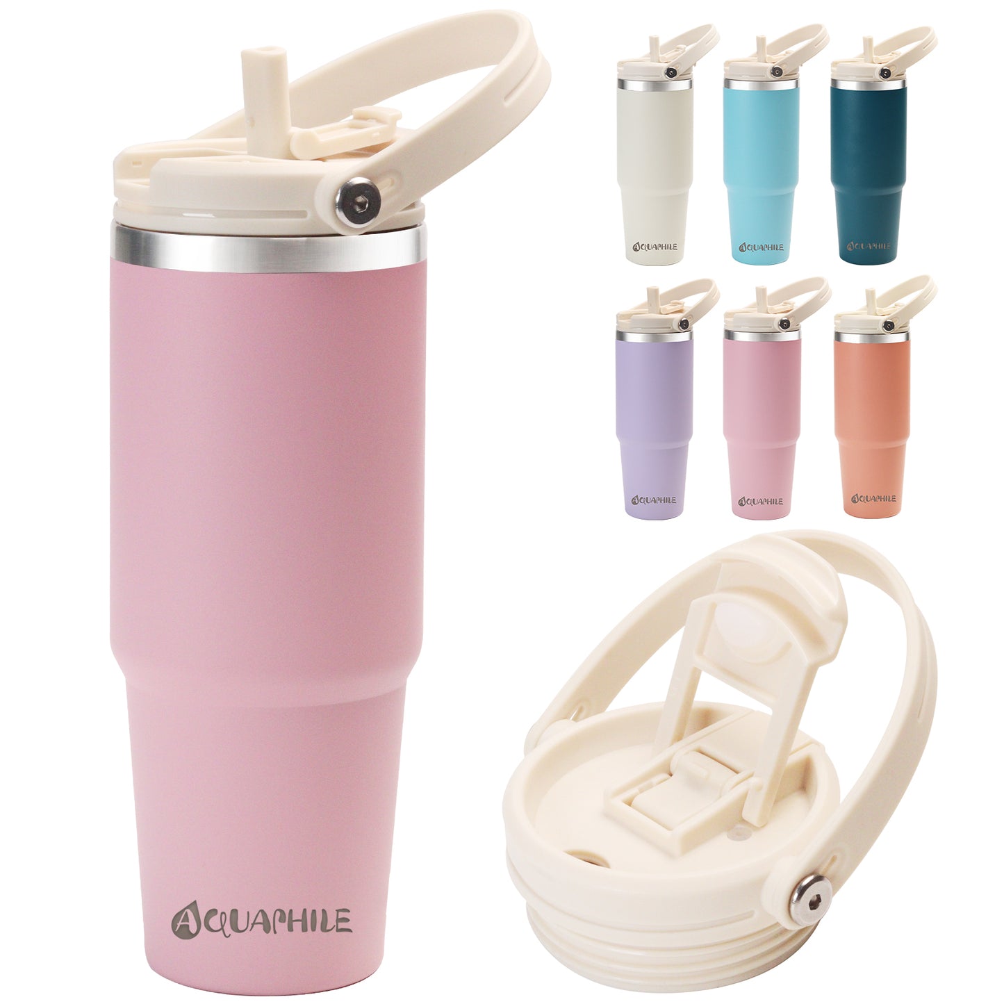 AQUAPHILE 20/30 oz Insulated Water Bottles with Straw Lid, Double Walled Vacuum Stainless Steel Travel Tumbler with Handle and Straw, Wide Mouth Thermos Bottle