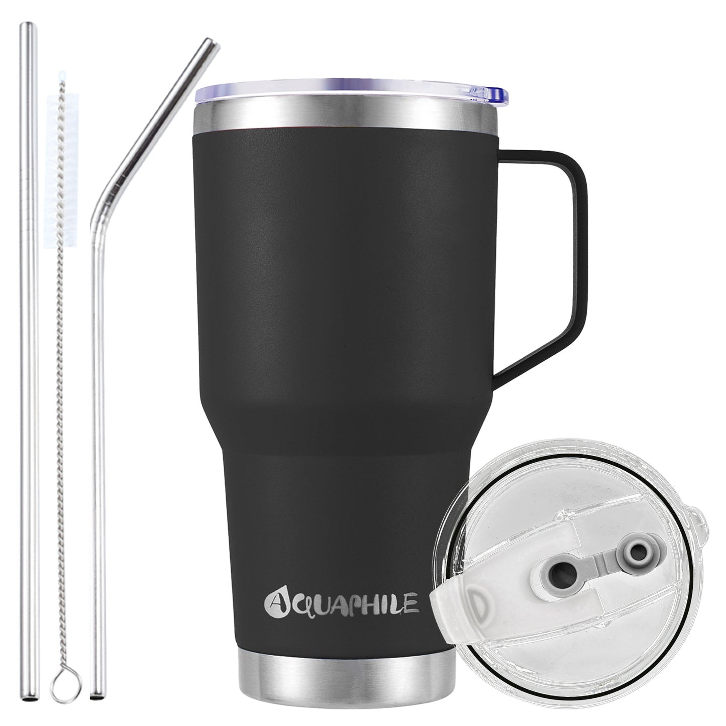 AQUAPHILE Stainless Steel Insulated Coffee Mug with Handle, Double Walled Vacuum Travel Cup with Lid & Straw, Reusable Thermal Coffee Cup, Portable Coffee Tumbler