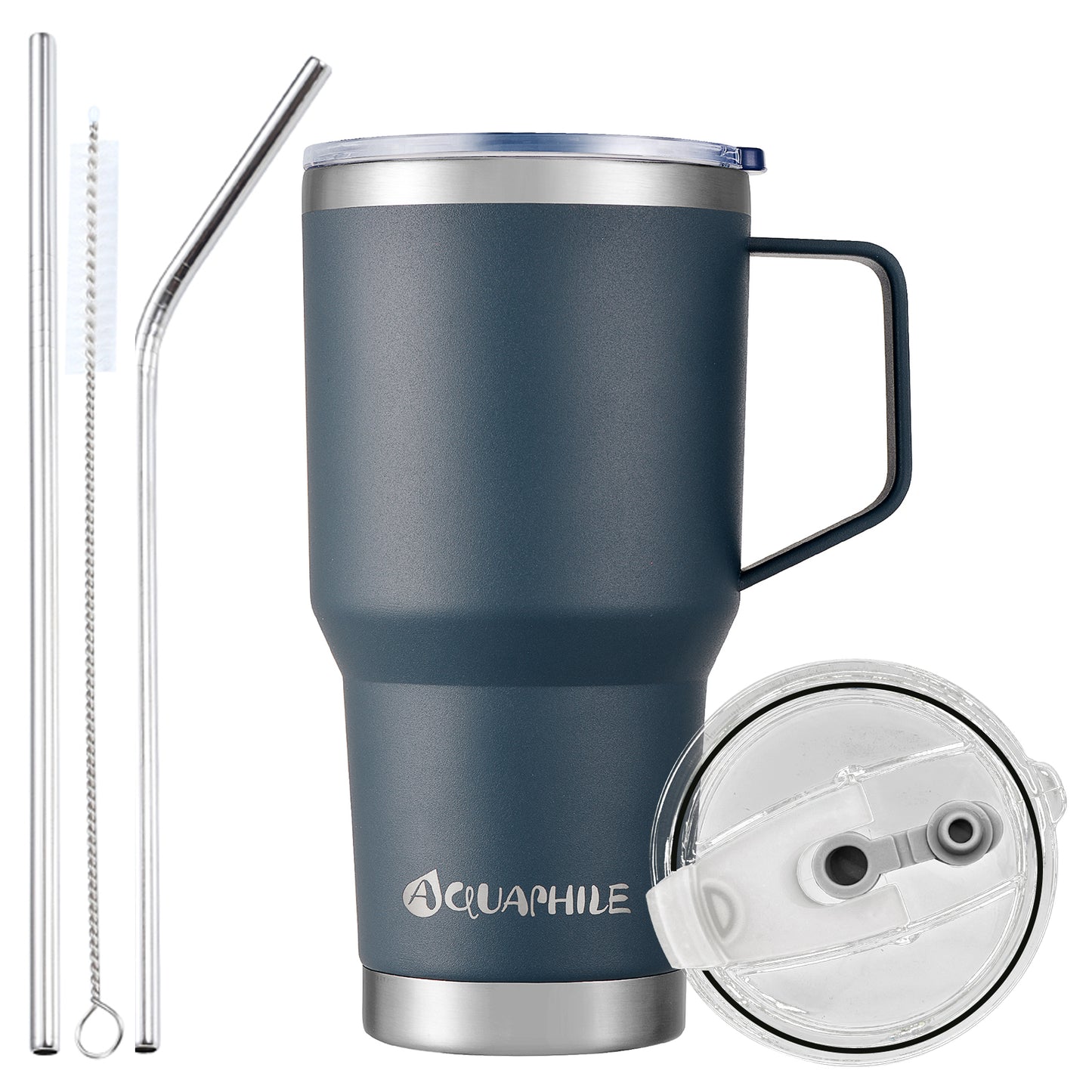 AQUAPHILE Stainless Steel Insulated Coffee Mug with Handle, Double Walled Vacuum Travel Cup with Lid & Straw, Reusable Thermal Coffee Cup, Portable Coffee Tumbler