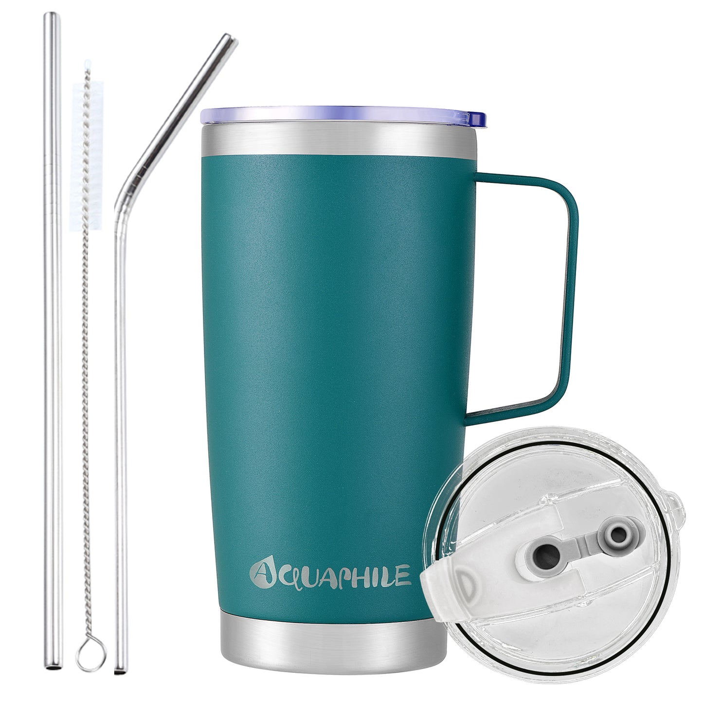AQUAPHILE Stainless Steel Insulated Coffee Mug with Handle, Double Walled Vacuum Travel Cup with Lid & Straw, Reusable Thermal Coffee Cup, Portable Coffee Tumbler