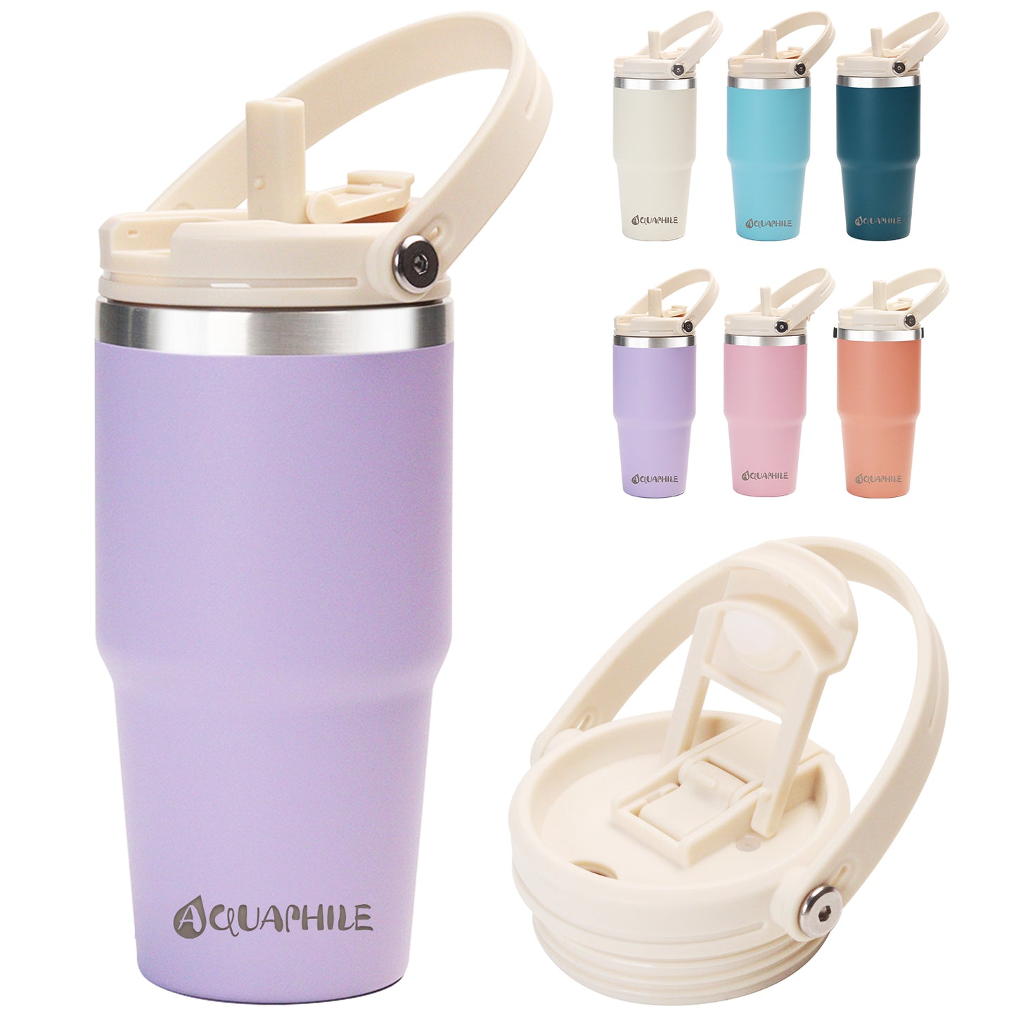 AQUAPHILE 20/30 oz Insulated Water Bottles with Straw Lid, Double Walled Vacuum Stainless Steel Travel Tumbler with Handle and Straw, Wide Mouth Thermos Bottle