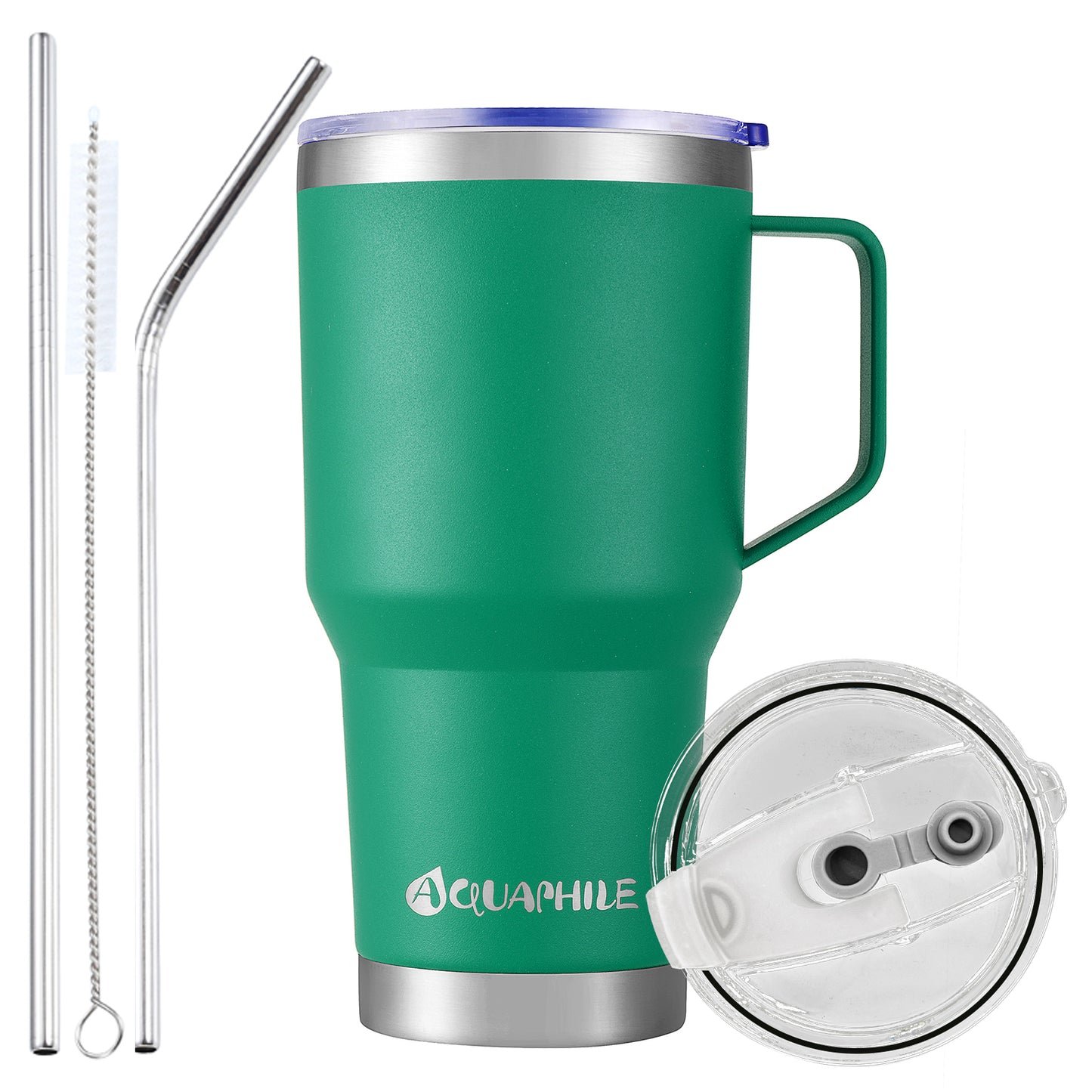 AQUAPHILE Stainless Steel Insulated Coffee Mug with Handle, Double Walled Vacuum Travel Cup with Lid & Straw, Reusable Thermal Coffee Cup, Portable Coffee Tumbler