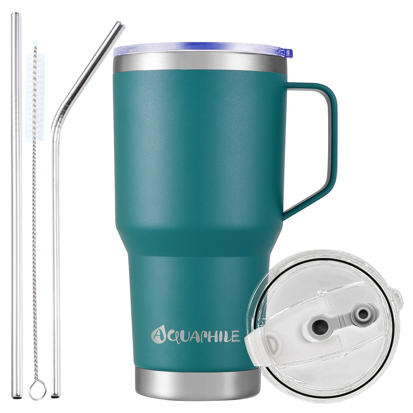 AQUAPHILE Stainless Steel Insulated Coffee Mug with Handle, Double Walled Vacuum Travel Cup with Lid & Straw, Reusable Thermal Coffee Cup, Portable Coffee Tumbler