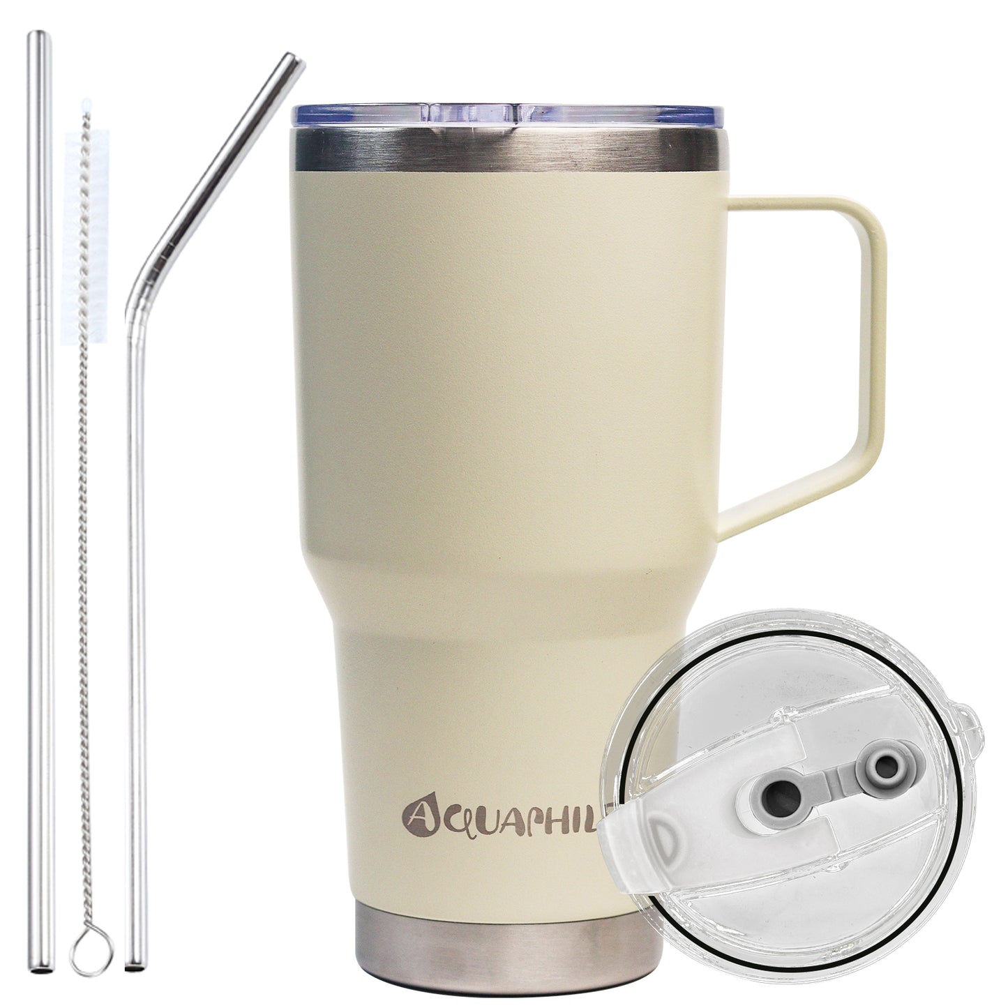 AQUAPHILE Stainless Steel Insulated Coffee Mug with Handle, Double Walled Vacuum Travel Cup with Lid & Straw, Reusable Thermal Coffee Cup, Portable Coffee Tumbler