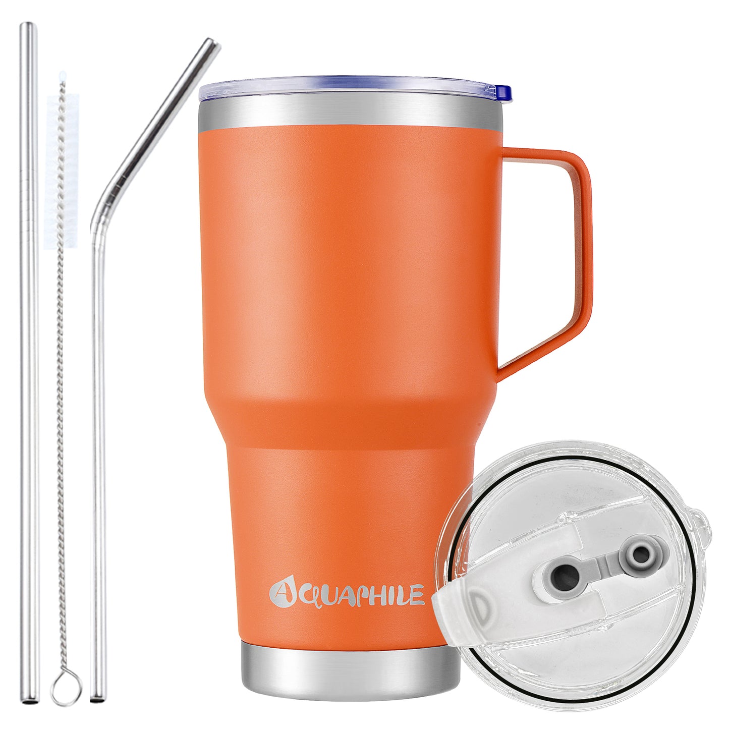 AQUAPHILE Stainless Steel Insulated Coffee Mug with Handle, Double Walled Vacuum Travel Cup with Lid & Straw, Reusable Thermal Coffee Cup, Portable Coffee Tumbler