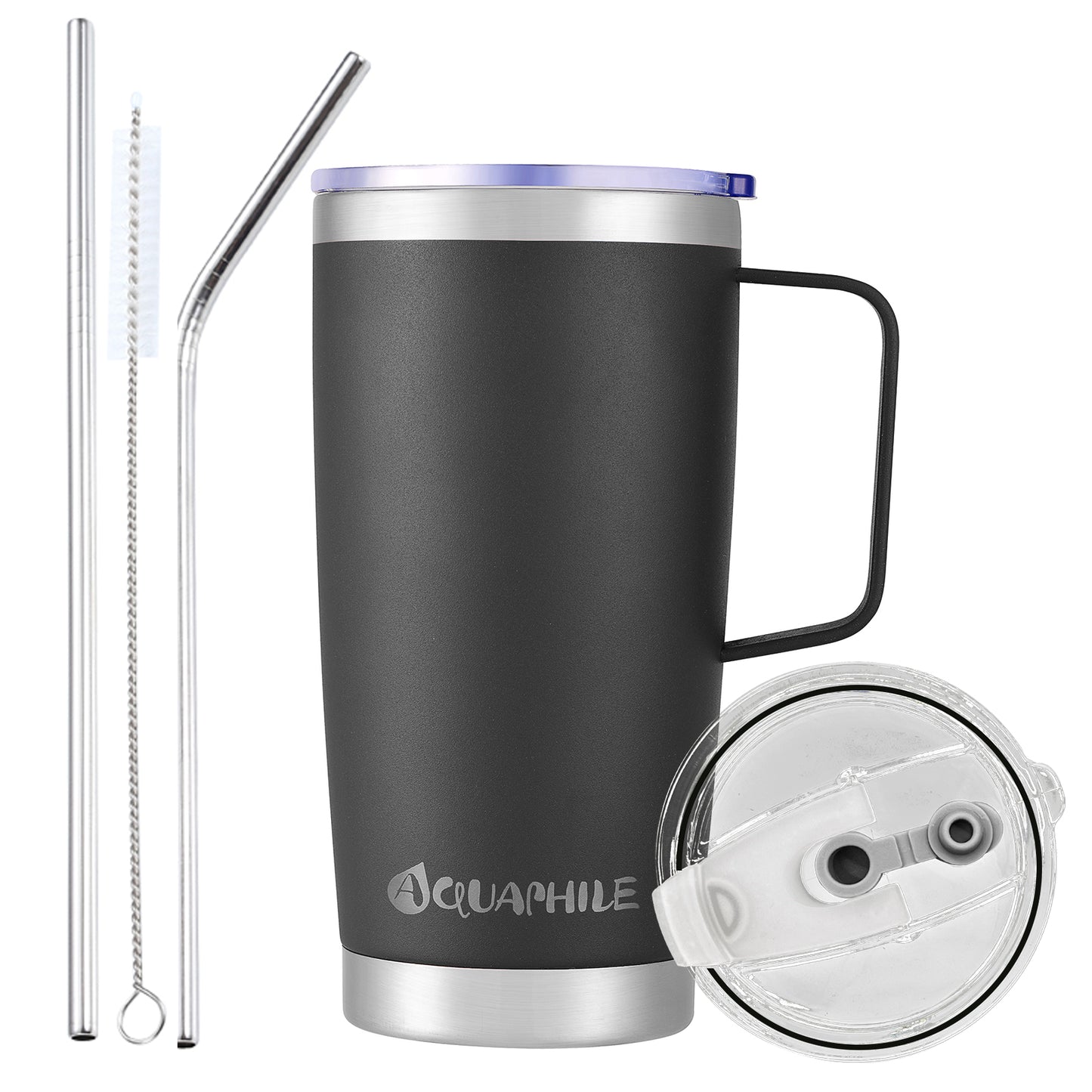 AQUAPHILE Stainless Steel Insulated Coffee Mug with Handle, Double Walled Vacuum Travel Cup with Lid & Straw, Reusable Thermal Coffee Cup, Portable Coffee Tumbler
