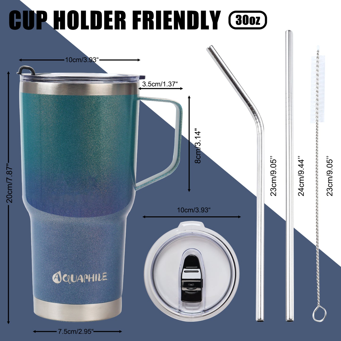 AQUAPHILE Tumbler with Handle, Double Walled Insulated Cup with Leak-proof Lid and Straw, Stainless Steel Travel Mug