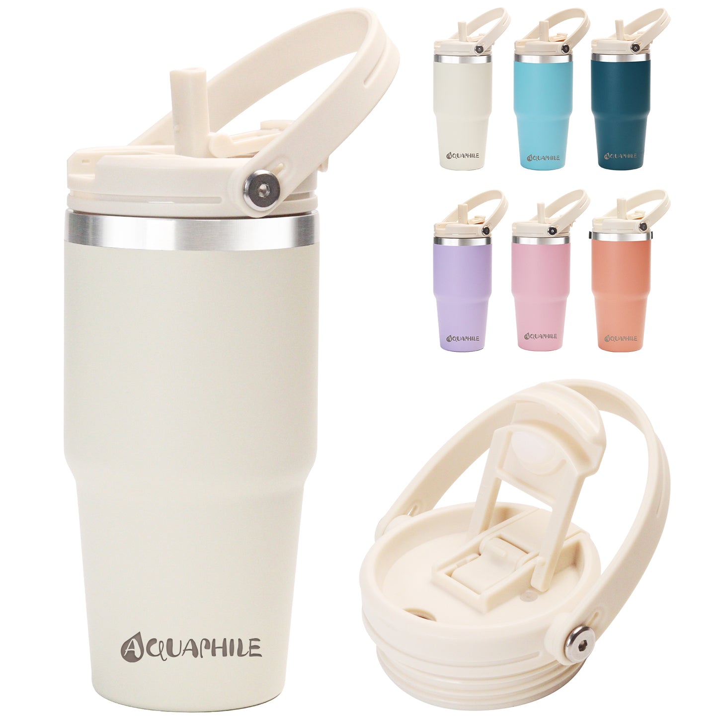 AQUAPHILE 20/30 oz Insulated Water Bottles with Straw Lid, Double Walled Vacuum Stainless Steel Travel Tumbler with Handle and Straw, Wide Mouth Thermos Bottle