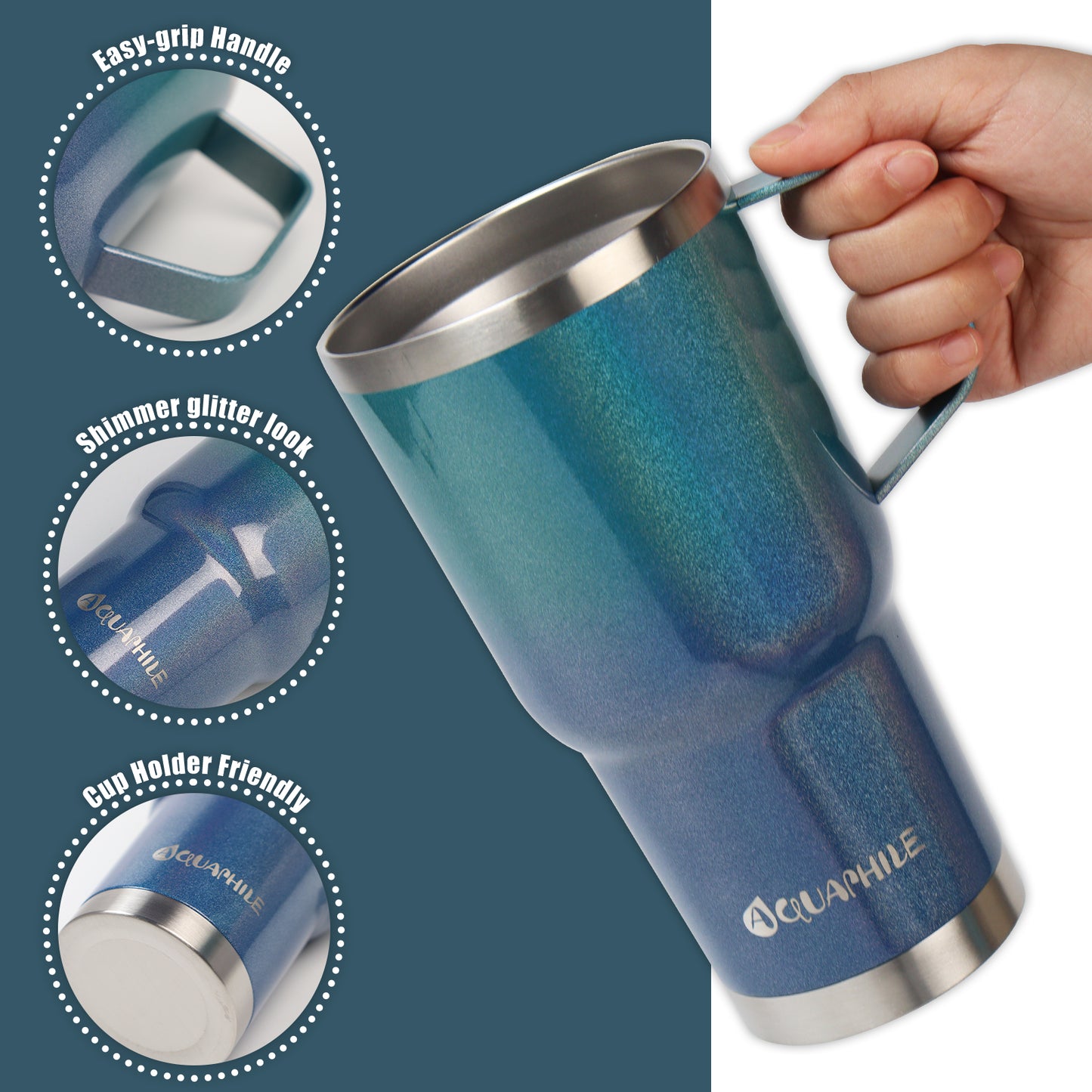 AQUAPHILE Tumbler with Handle, Double Walled Insulated Cup with Leak-proof Lid and Straw, Stainless Steel Travel Mug
