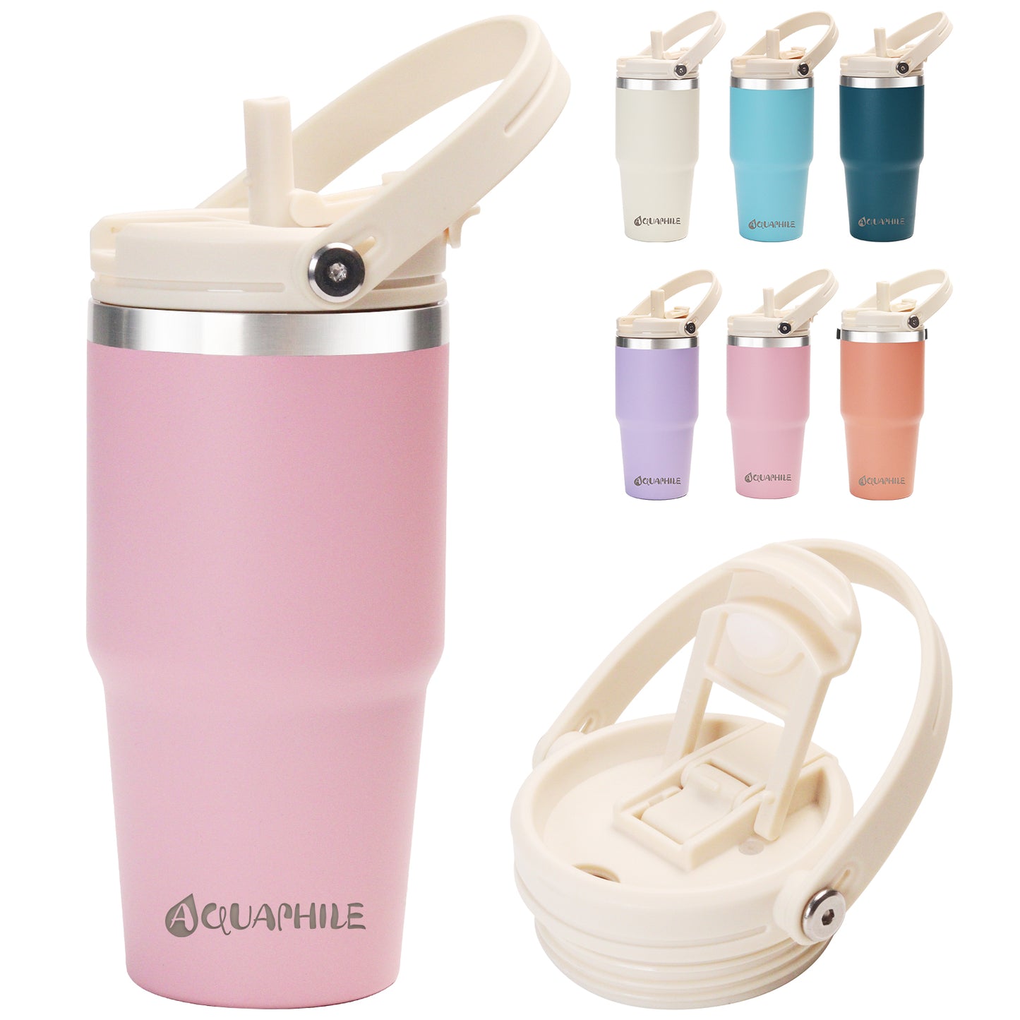 AQUAPHILE 20/30 oz Insulated Water Bottles with Straw Lid, Double Walled Vacuum Stainless Steel Travel Tumbler with Handle and Straw, Wide Mouth Thermos Bottle