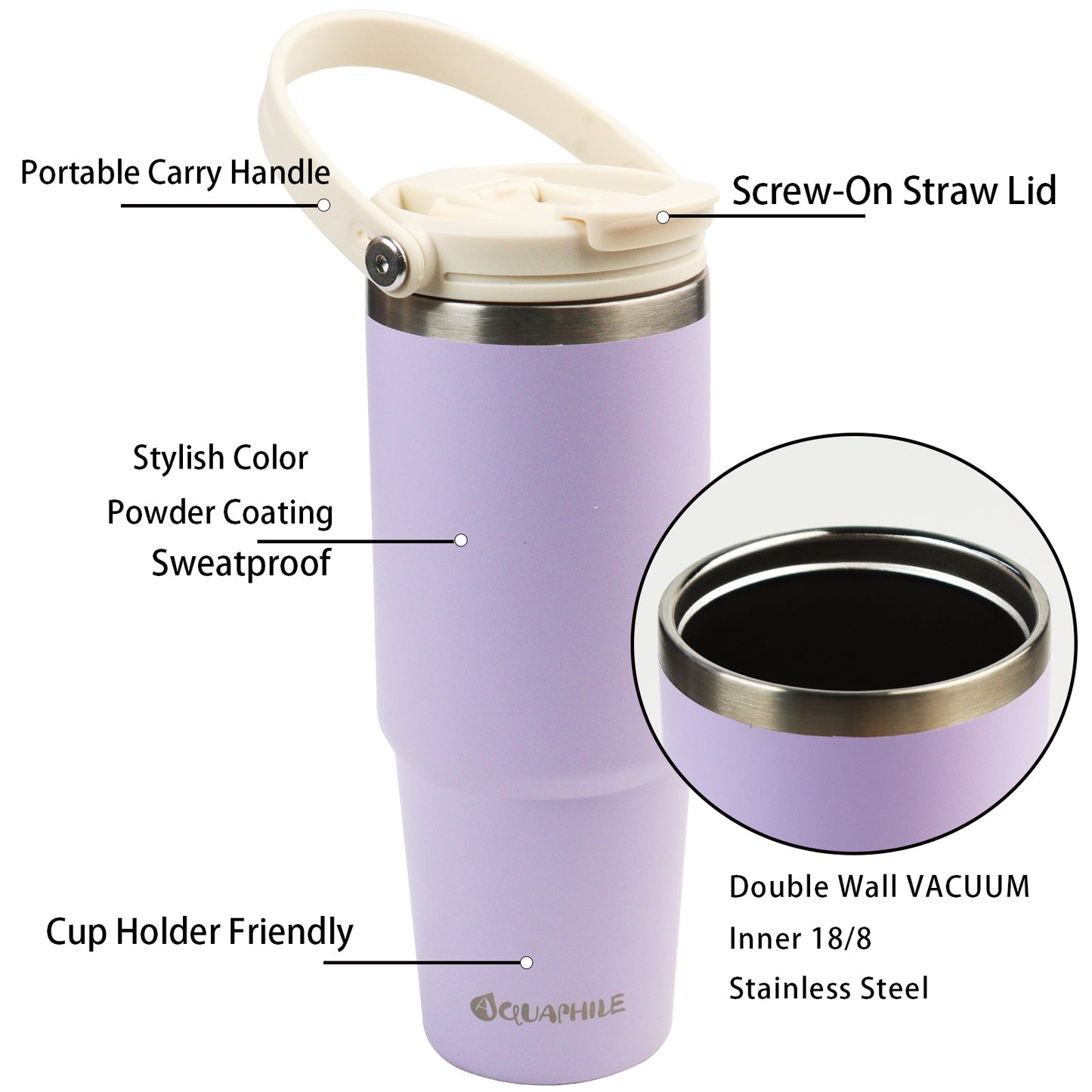 AQUAPHILE 20/30 oz Insulated Water Bottles with Straw Lid, Double Walled Vacuum Stainless Steel Travel Tumbler with Handle and Straw, Wide Mouth Thermos Bottle
