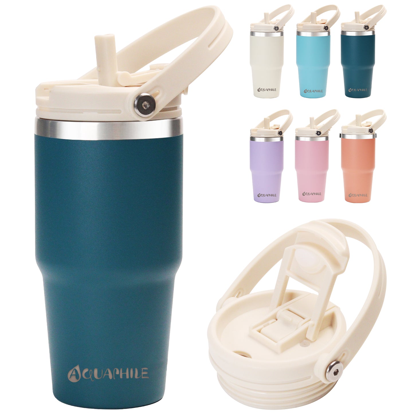 AQUAPHILE 20/30 oz Insulated Water Bottles with Straw Lid, Double Walled Vacuum Stainless Steel Travel Tumbler with Handle and Straw, Wide Mouth Thermos Bottle