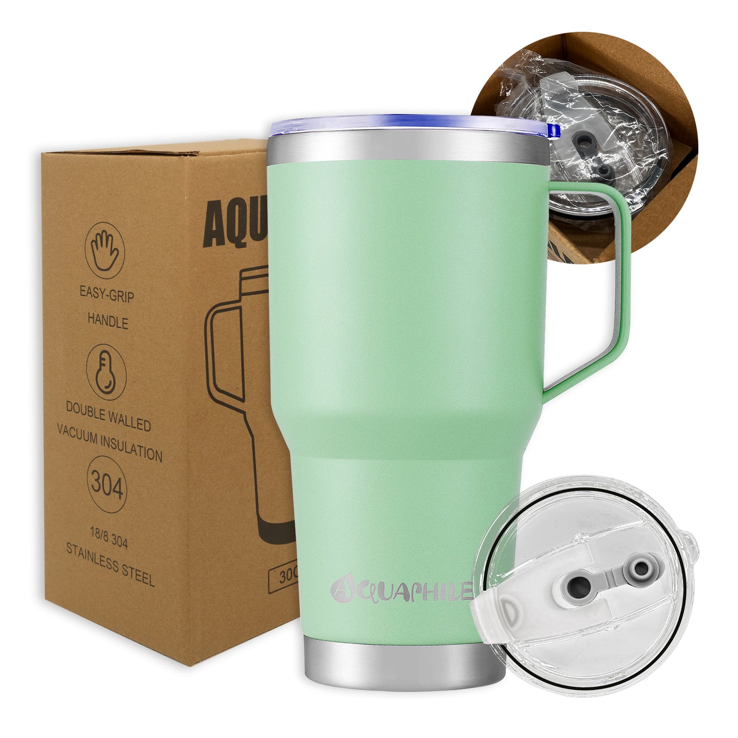 AQUAPHILE Stainless Steel Insulated Coffee Mug with Handle, Double Walled Vacuum Travel Cup with Lid & Straw, Reusable Thermal Coffee Cup, Portable Coffee Tumbler