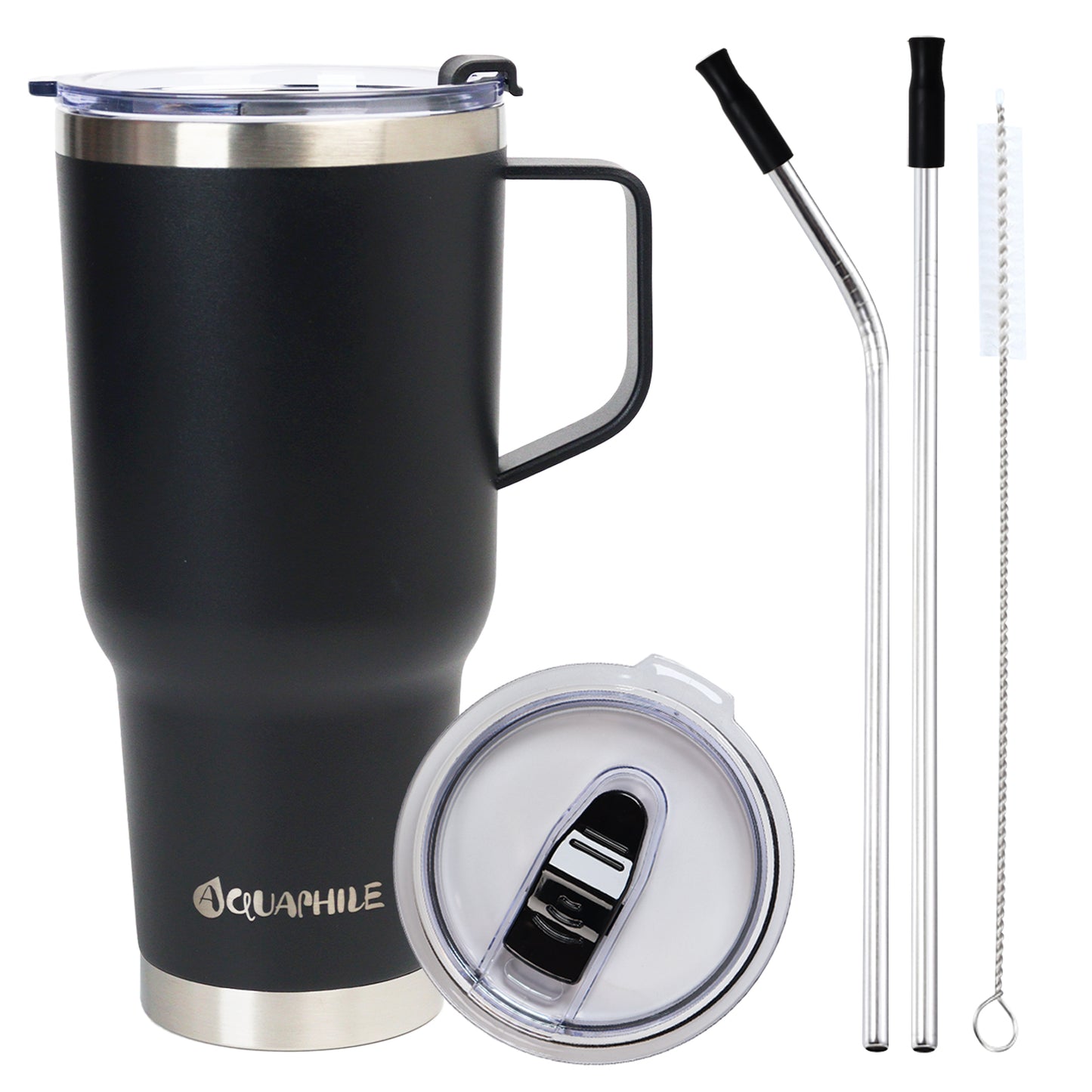AQUAPHILE Tumbler with Handle, Double Walled Insulated Cup with Leak-proof Lid and Straw, Stainless Steel Travel Mug
