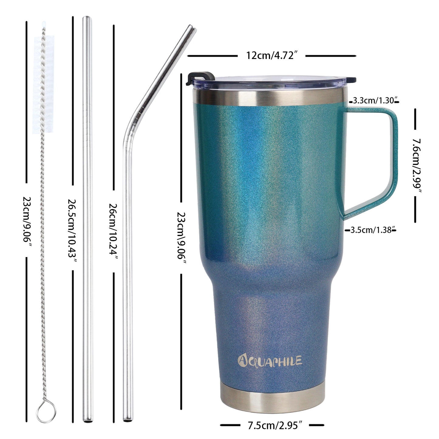 AQUAPHILE Tumbler with Handle, Double Walled Insulated Cup with Leak-proof Lid and Straw, Stainless Steel Travel Mug