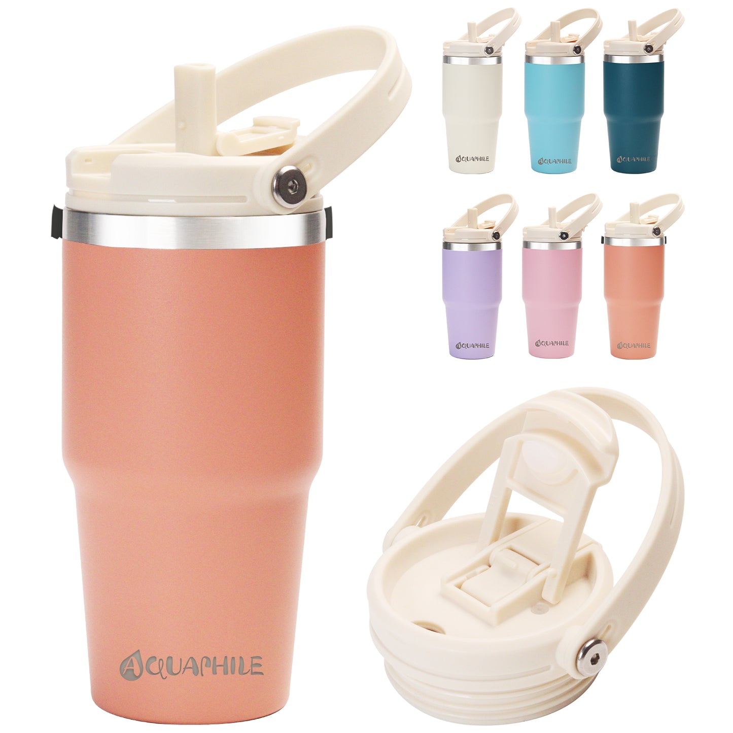 AQUAPHILE 20/30 oz Insulated Water Bottles with Straw Lid, Double Walled Vacuum Stainless Steel Travel Tumbler with Handle and Straw, Wide Mouth Thermos Bottle