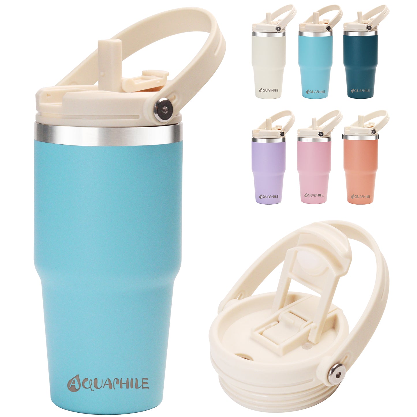 AQUAPHILE 20/30 oz Insulated Water Bottles with Straw Lid, Double Walled Vacuum Stainless Steel Travel Tumbler with Handle and Straw, Wide Mouth Thermos Bottle