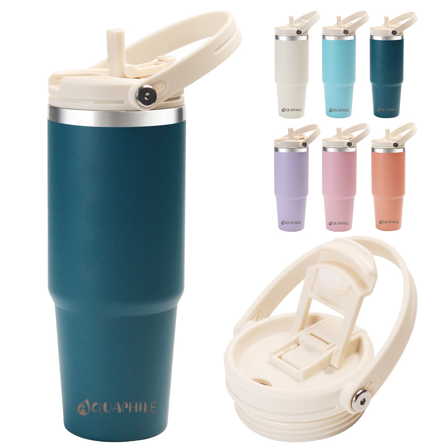 AQUAPHILE 20/30 oz Insulated Water Bottles with Straw Lid, Double Walled Vacuum Stainless Steel Travel Tumbler with Handle and Straw, Wide Mouth Thermos Bottle