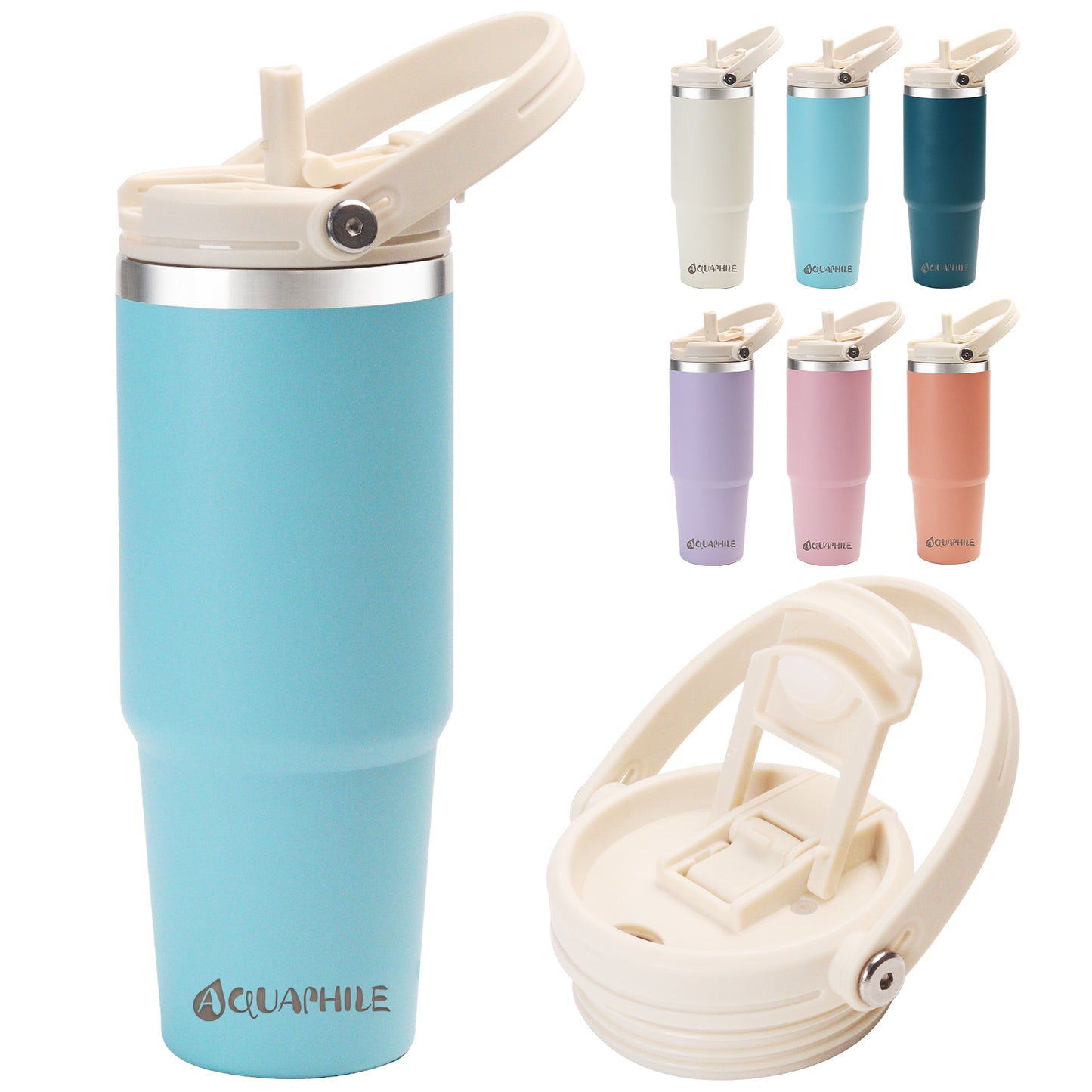 AQUAPHILE 20/30 oz Insulated Water Bottles with Straw Lid, Double Walled Vacuum Stainless Steel Travel Tumbler with Handle and Straw, Wide Mouth Thermos Bottle