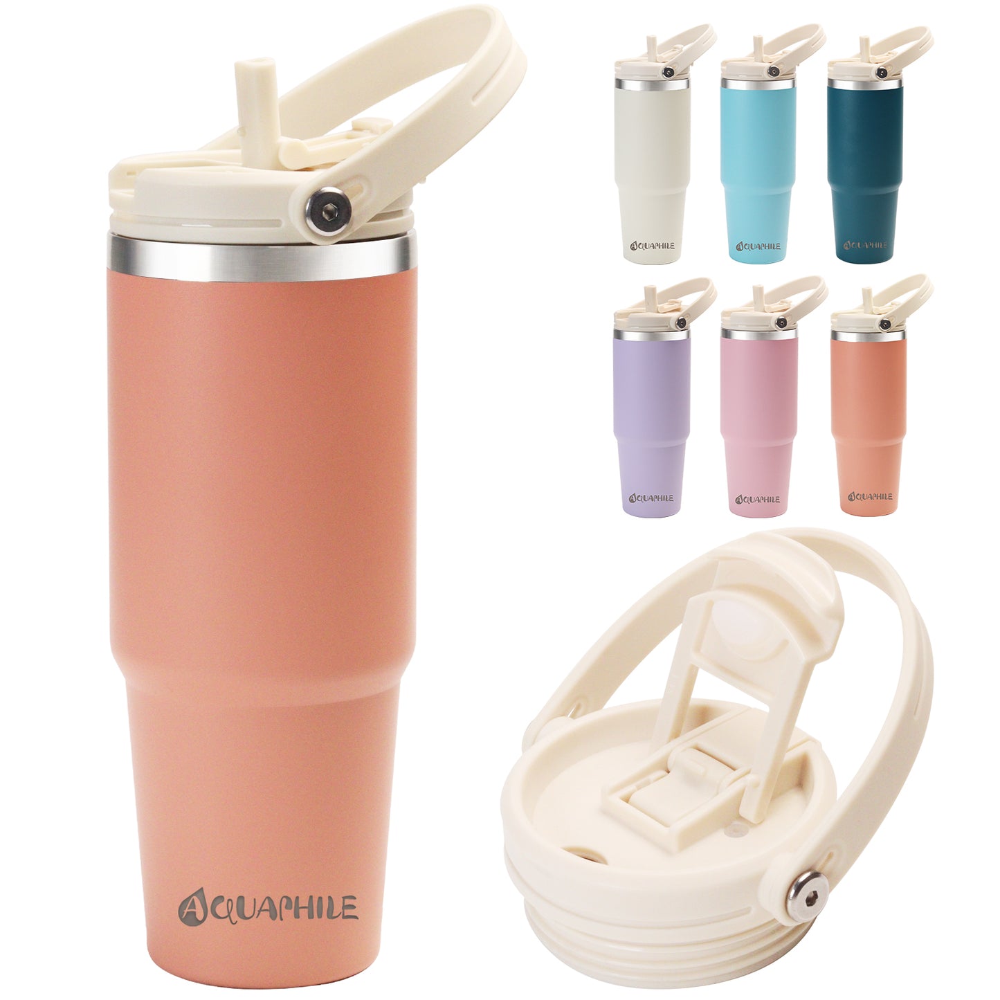 AQUAPHILE 20/30 oz Insulated Water Bottles with Straw Lid, Double Walled Vacuum Stainless Steel Travel Tumbler with Handle and Straw, Wide Mouth Thermos Bottle