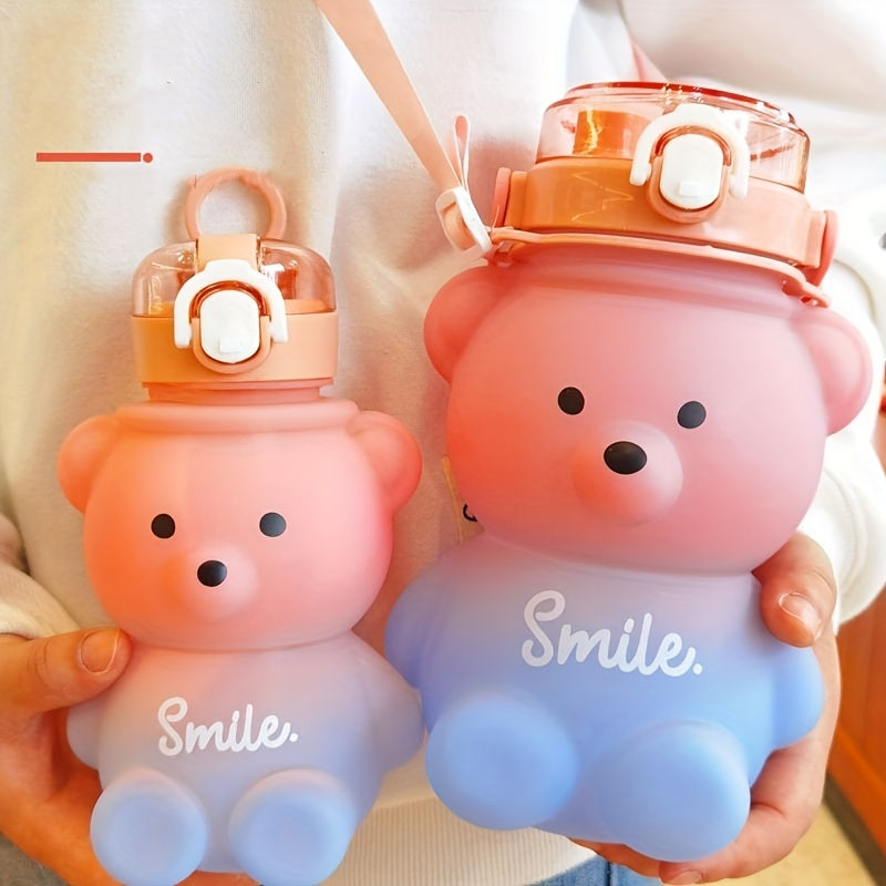1pc Cute Kawaii Bear Water Bottle - Large Capacity Portable Kettle with Heat-Resistant Straw and Straps for Kids