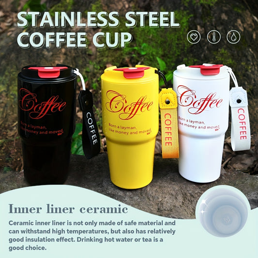 1PC 20oz Coffee Travel Mug With Ceramic Liner, Reusable Coffee Cup, Double Wall Stainless Steel Vacuum Insulated Tumbler, With Leakproof Lid And Portable Rope
