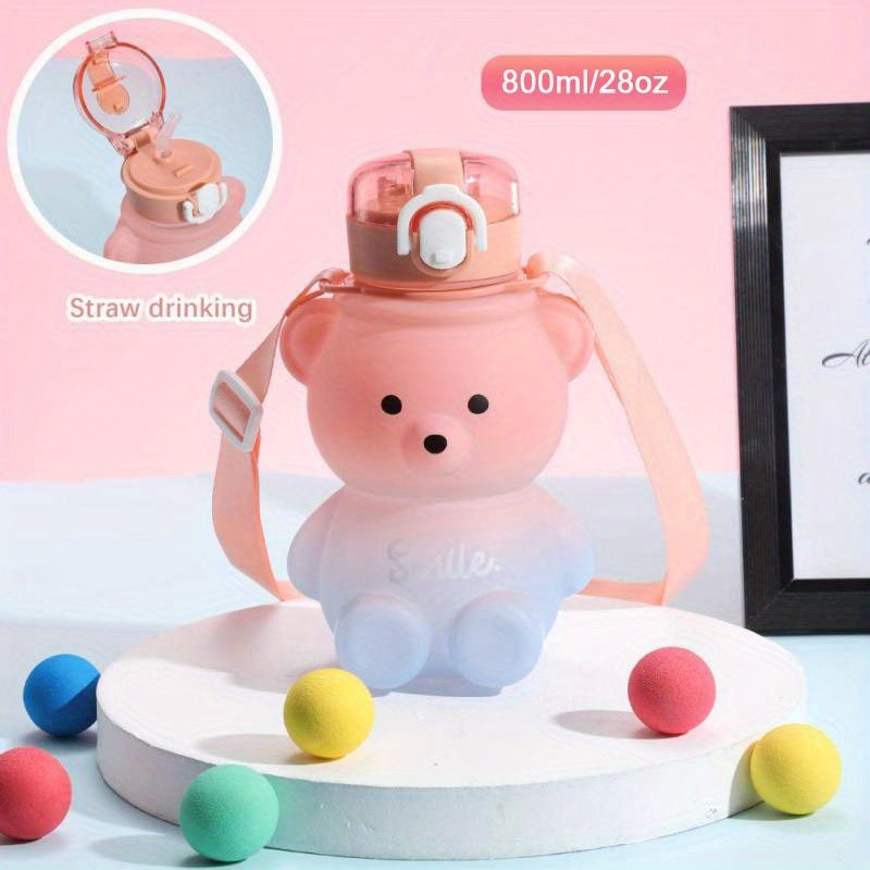 1pc Cute Kawaii Bear Water Bottle - Large Capacity Portable Kettle with Heat-Resistant Straw and Straps for Kids