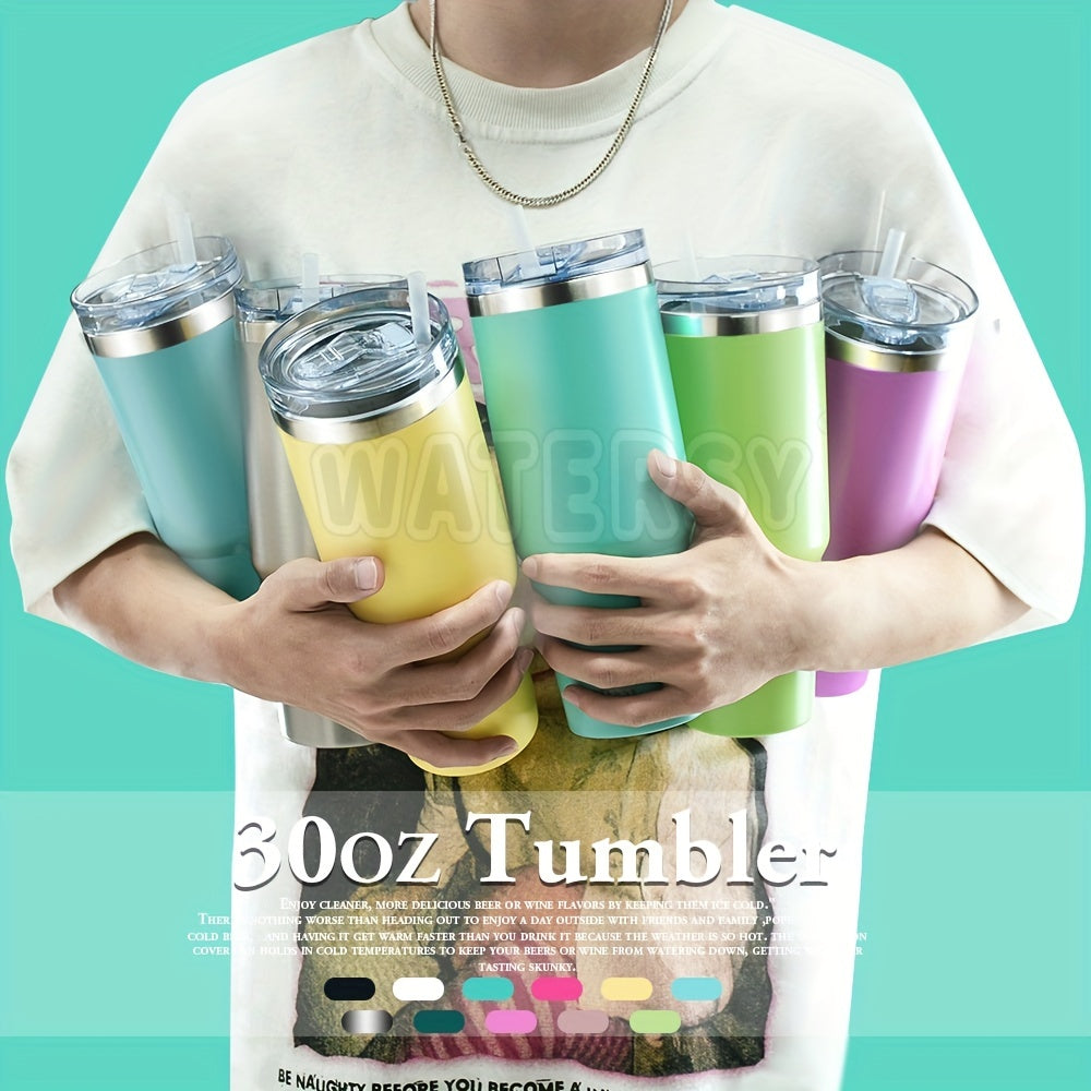 1pc Tumbler With Lid And Straw 30oz, Stainless Steel Insulated Tumbler Coffee Cup, Durable Double Wall Vacuum Travel Coffee Mug Thermal For Hot And Cold Drinks, Drinkware