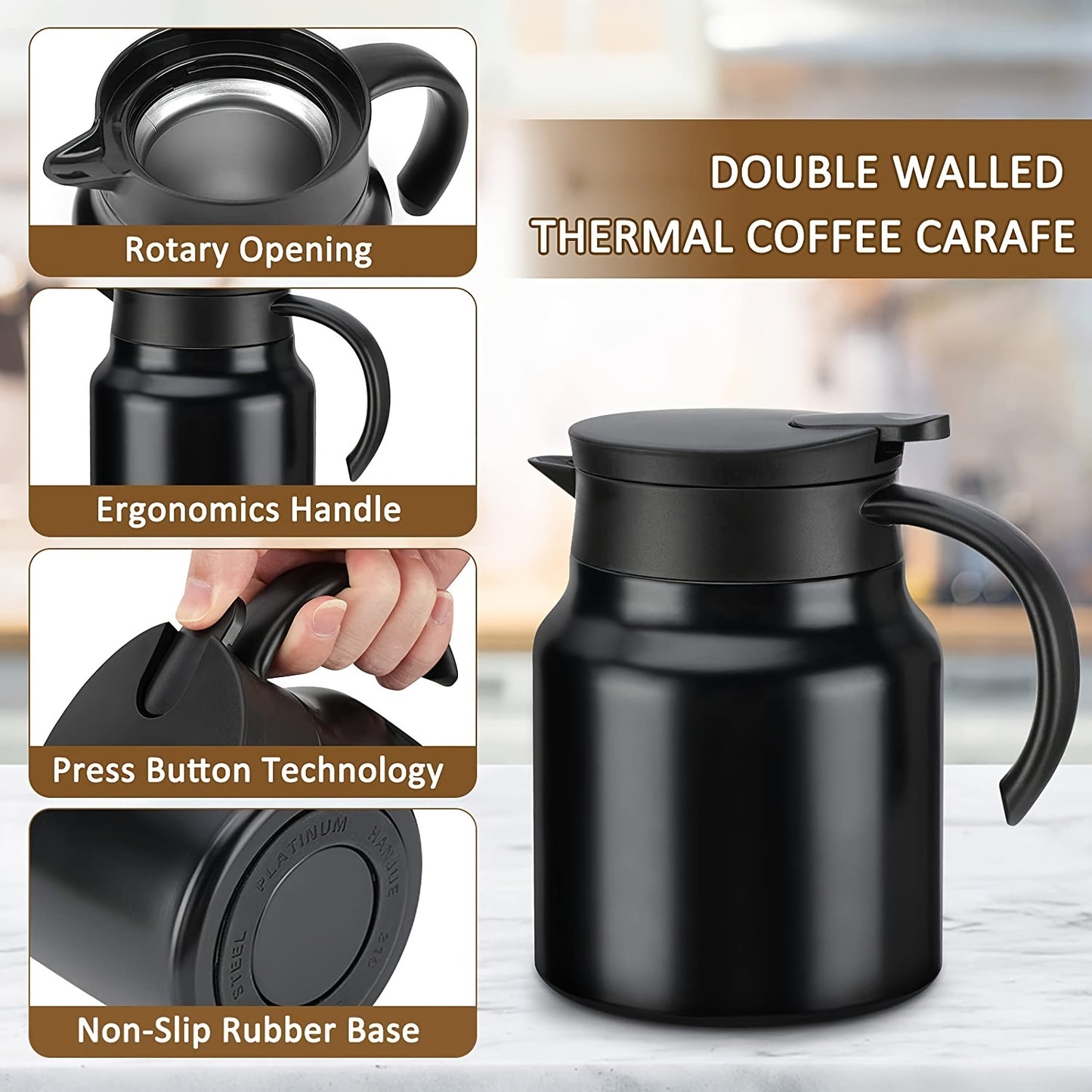 1pc Stainless Steel Thermal Carafe 1000ml\u002F34oz, Double Walled Vacuum Insulated Coffee Pot With Press Button Top And Tea Barn,10Hrs Heat&Cold Retention, BPA Free, For Coffee, Tea, Beverage
