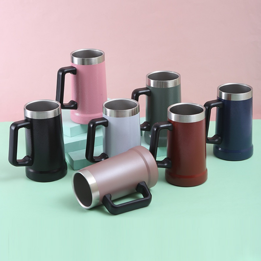 304 Stainless Steel Beer Cup 24oz Thermos Cup Double Layer Vacuum Hammer Pattern Spray With Handle Straight Drinking Cup Business Water Cup