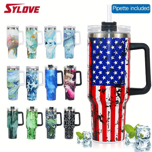 SYLOVE 40oz Water Tumbler With Straw, Paint Transfer Decal, Stainless Steel Thermos Cup, Creative Portable Large Capacity Water Bottles Beer Mug For Outdoor Camping, Birthday Gifts, Love Gift