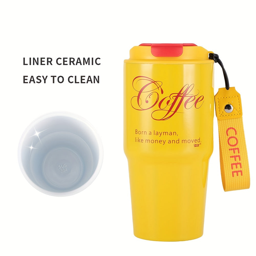 1PC 20oz Coffee Travel Mug With Ceramic Liner, Reusable Coffee Cup, Double Wall Stainless Steel Vacuum Insulated Tumbler, With Leakproof Lid And Portable Rope