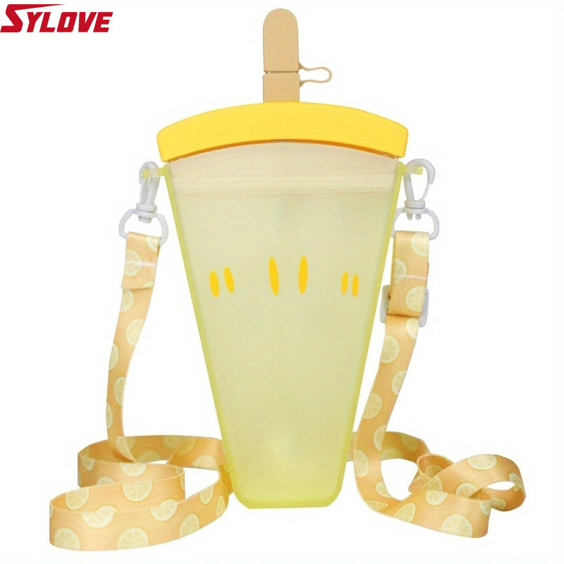 Summer Creative Fruit Ice Cream Shaped Plastic Straw Cup With Strap, Portable Cartoon Water Bottle For Boy Girls Outdoor Sports Travel