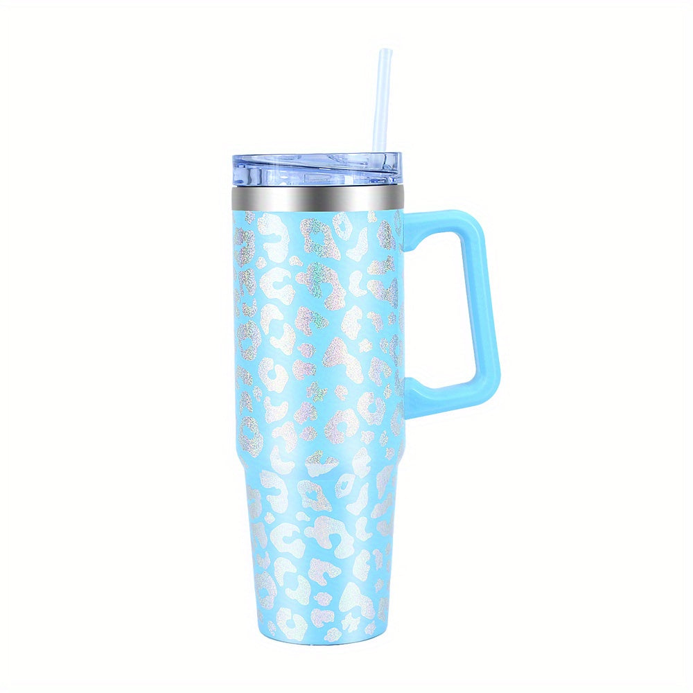 1pc Leopard Print Tumbler With Lid And Straw, 35oz Stainless Steel Thermal Water Bottle With Handle, Stanley Cups, Portable Drinking Cups, For Car, Home, Office, Summer Drinkware, Travel Accessories, Home Kitchen Items
