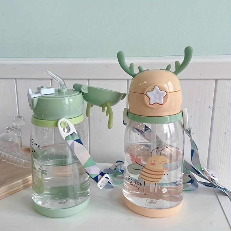 1pc 20.29oz\u002F600ml Antler Plastic Water Bottle With Straw, Cartoon Cute Travel Sports Water Cup For Children Men Women, Children's Day Gift, Christmas Gift