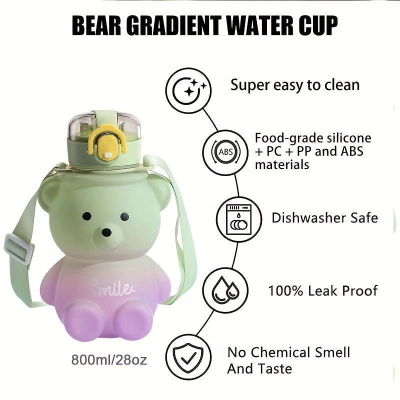 1pc Cute Kawaii Bear Water Bottle - Large Capacity Portable Kettle with Heat-Resistant Straw and Straps for Kids