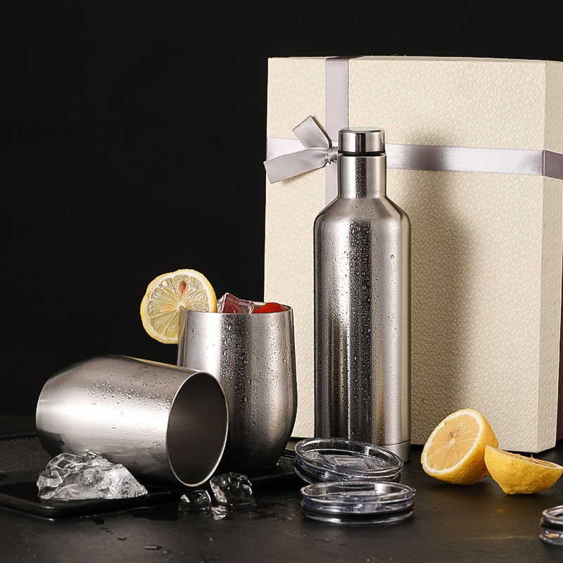 1 Set Thermal Water Bottle With Cups, Stainless Steel Vacuum Insulated Bottle With Egg Cup For Hot And Cold Beverages, Wine Bottle, Drinking Flask Set, Heat And Cold Retention, Thermocooler