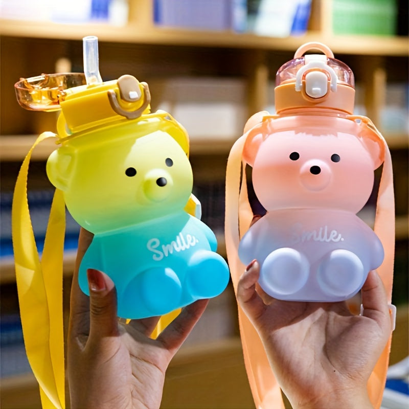 1pc Cute Kawaii Bear Water Bottle - Large Capacity Portable Kettle with Heat-Resistant Straw and Straps for Kids