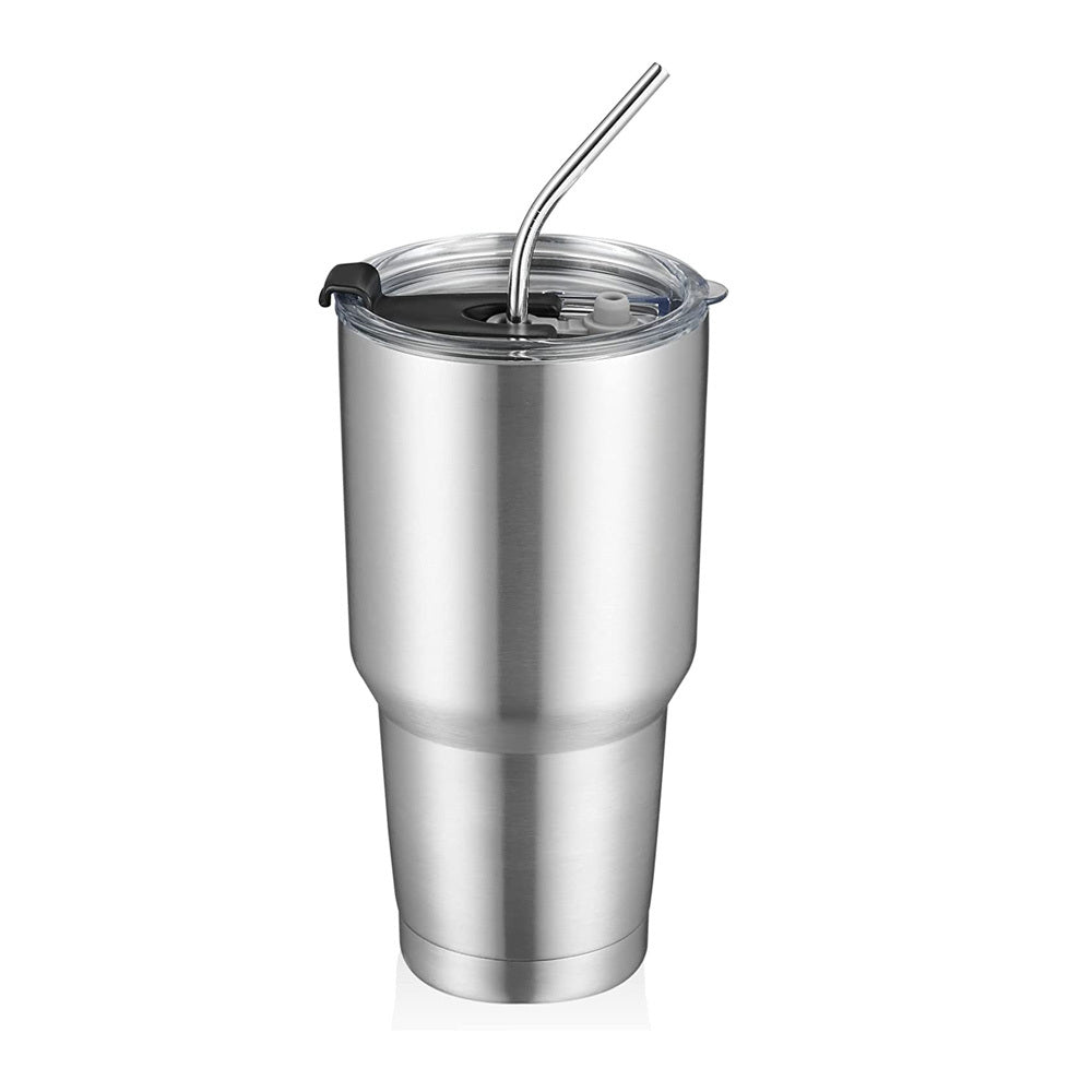 1pc 30 Oz Insulated Travel Coffee Mug With Lids And Straws, Stainless Steel Double Vacuum Coffee Tumbler Cup, For Cold & Hot Drinks, Office, Travel,party Cups (Silvery)