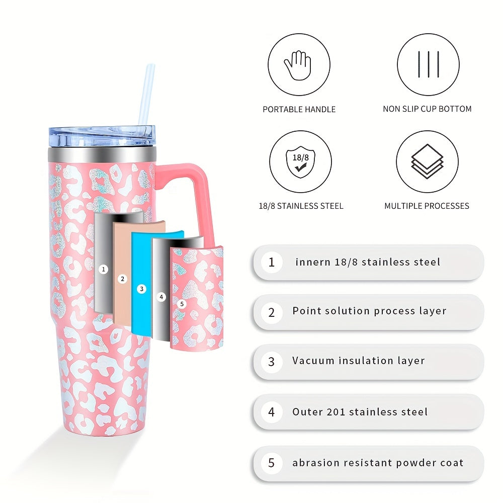 1pc Leopard Print Tumbler With Lid And Straw, 35oz Stainless Steel Thermal Water Bottle With Handle, Stanley Cups, Portable Drinking Cups, For Car, Home, Office, Summer Drinkware, Travel Accessories, Home Kitchen Items