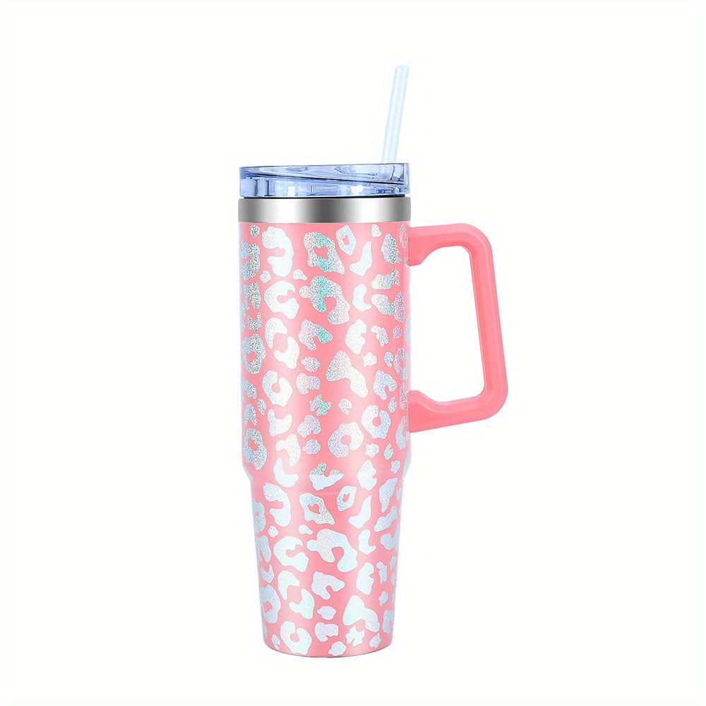 1pc Leopard Print Tumbler With Lid And Straw, 35oz Stainless Steel Thermal Water Bottle With Handle, Stanley Cups, Portable Drinking Cups, For Car, Home, Office, Summer Drinkware, Travel Accessories, Home Kitchen Items