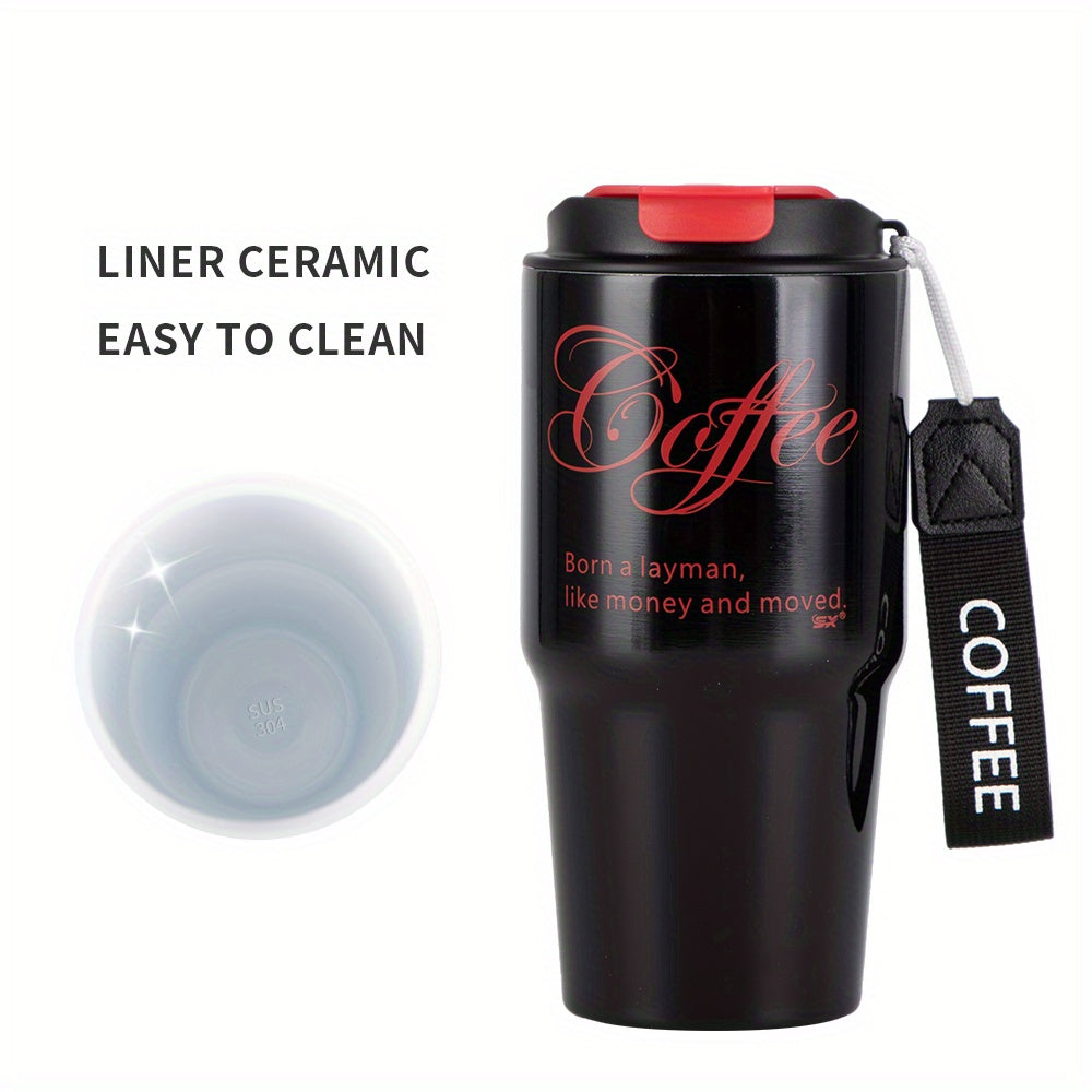 1PC 20oz Coffee Travel Mug With Ceramic Liner, Reusable Coffee Cup, Double Wall Stainless Steel Vacuum Insulated Tumbler, With Leakproof Lid And Portable Rope