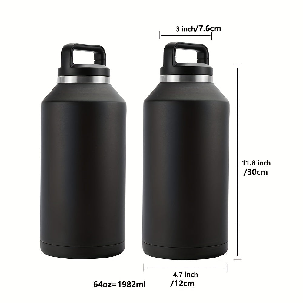 1pc Half Gallon Water Bottle Insulated, 64oz Water Bottle With Handle, Leakproof BPA Free Water Jug, Large Stainless Steel Water Bottle For Sports, Black