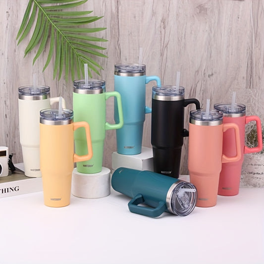 1pc 35 Oz Tumbler With Handle And Straw Lid | Insulated Cup Reusable Stainless Steel Water Bottle Travel Mug Cup Holder Friendly | Gifts For Women Men Him Her | Trek Collection Powder Coat Color