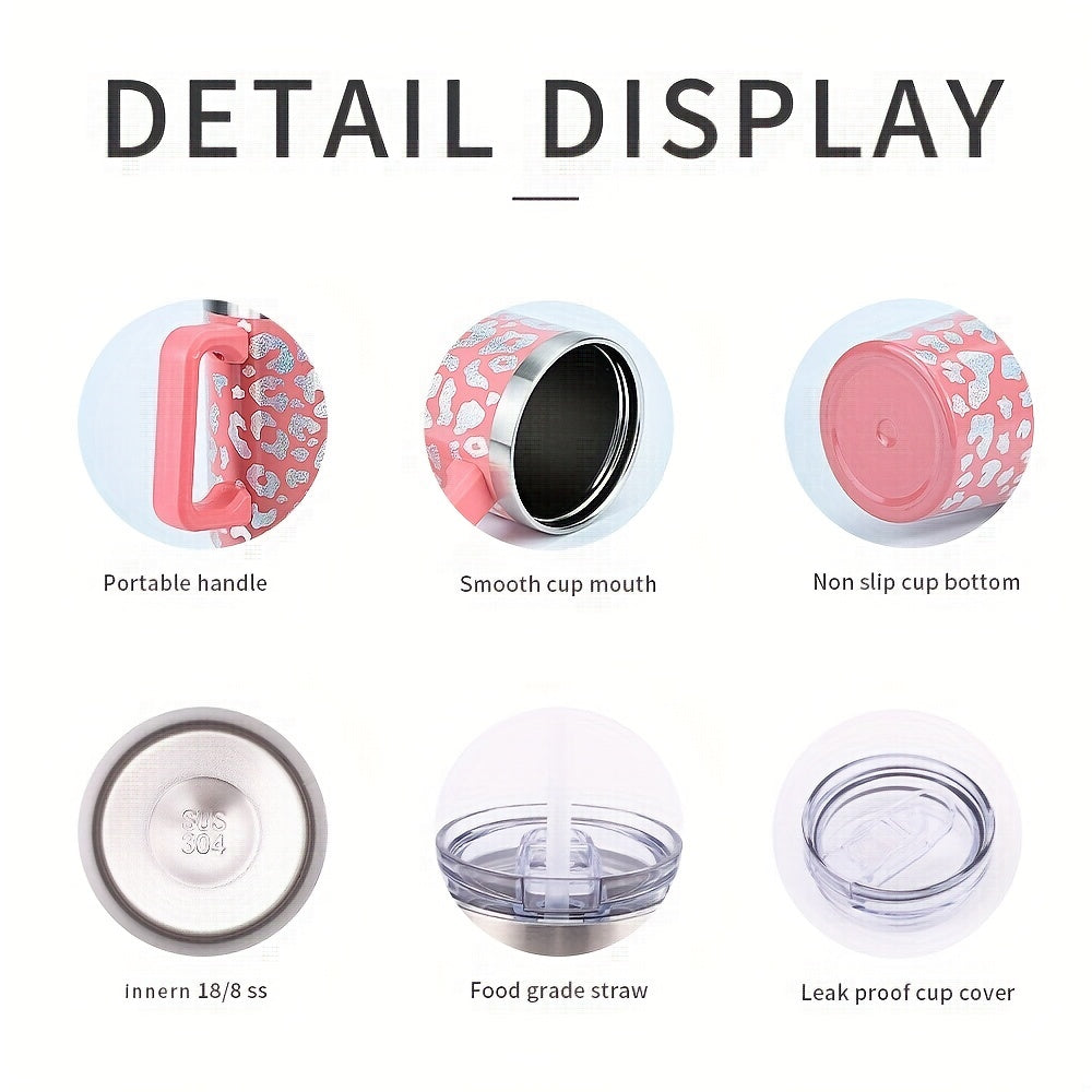 1pc Leopard Print Tumbler With Lid And Straw, 35oz Stainless Steel Thermal Water Bottle With Handle, Stanley Cups, Portable Drinking Cups, For Car, Home, Office, Summer Drinkware, Travel Accessories, Home Kitchen Items