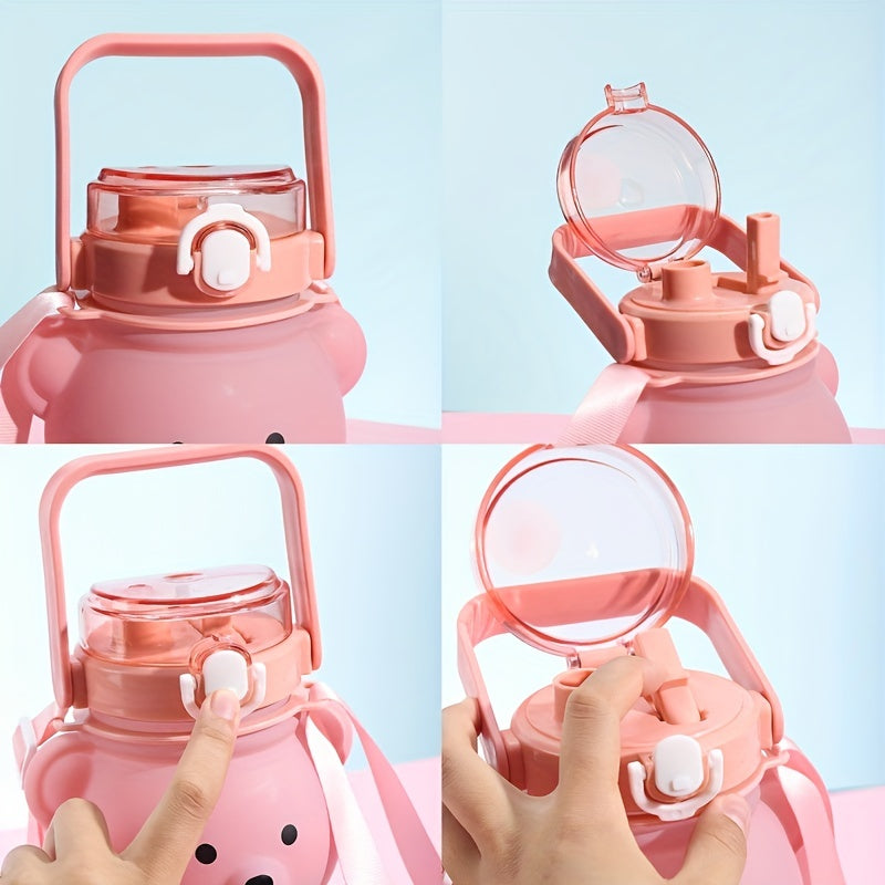 1pc Cute Kawaii Bear Water Bottle - Large Capacity Portable Kettle with Heat-Resistant Straw and Straps for Kids