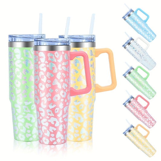 1pc Leopard Print Tumbler With Lid And Straw, 35oz Stainless Steel Thermal Water Bottle With Handle, Stanley Cups, Portable Drinking Cups, For Car, Home, Office, Summer Drinkware, Travel Accessories, Home Kitchen Items