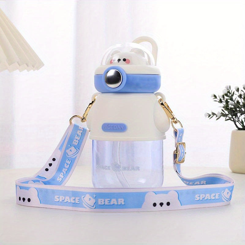 19oz\u002F620ml Cartoon Space Bear Straw Cup, Portable Plastic Kawaii Leakproof Water Bottle For Boys Girls Childrens Kids Home School Outdoor Sports Running Fitness